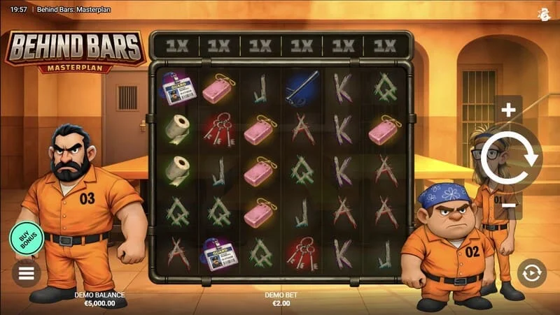 Behind Bars Masterplan - pantalla de juego con carretes de 6x5 y multiplicadores de verticales