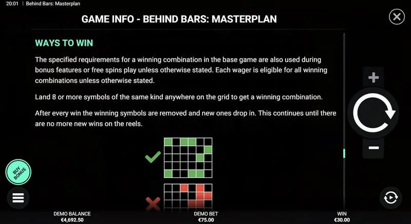 Behind Bars Masterplan - resumen de líneas y combinaciones ganadoras